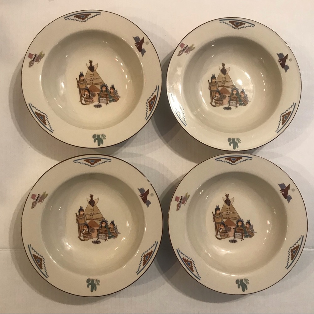 Set Of 4 Meiwa Art ‘Indian Village’ Rim Soup Bowls 8.5”